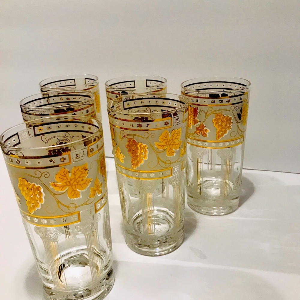 Vintage Highball Golden Grapes on White by Cera Glass Set of 6